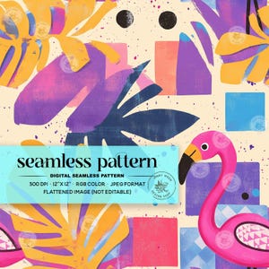 Preppy Summer Flamingos Seamless Pattern, Bright Neon Tropical Beach Digital Paper, Trendy Cute Safe Swim Repeat File for Fabric Sublimation