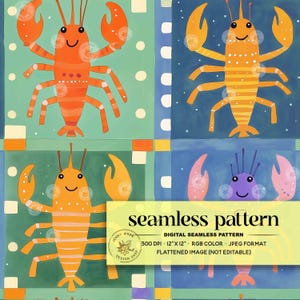 Retro Summer Groovy Lobster Seamless Pattern, Under The Sea Patchwork Digital Paper, Safe Swim Lobster Repeating File for Fabric Sublimation
