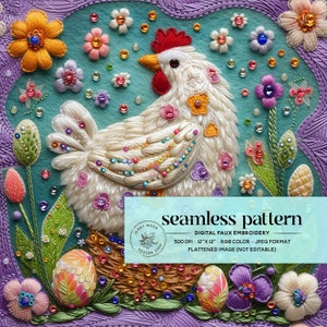Vintage Easter Chickens Faux Embroidery Seamless File, Spring Chickens Seamless Pattern, Retro Floral Farmhouse Chickens Repeat Pattern