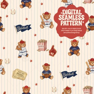 Puede incluir: Un patrón digital sin costuras con ilustraciones de béisbol. El diseño incluye osos de peluche de dibujos animados con uniformes de béisbol, pelotas de béisbol, cacahuetes, banderines y estrellas rojas sobre un fondo crema con rayas verticales. También está presente el texto "DIGITAL SEAMLESS PATTERN".