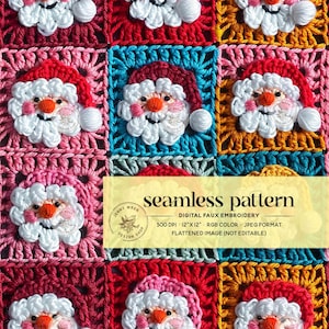 Modello quadrato senza cuciture con Babbo Natale carino e nonna, ricamo finto di Babbo Natale retrò senza cuciture, design di superficie patchwork di Babbo Natale all'uncinetto vintage