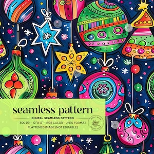 Retro Christmas Ornaments Seamless Repeat Pattern, Vintage Winter Holiday Digital Paper for Fabric Sublimation, Neon Xmas Light Seamless