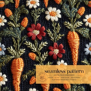 Könnte beinhalten: Ein nahtloses Muster-Digital-Stickdesign mit einem sich wiederholenden Muster aus orangefarbenen Karotten, roten und weißen Blumen und grünen Blättern auf schwarzem Hintergrund. Das Design ist 30,5 cm x 30,5 cm groß und hat 300 DPI.