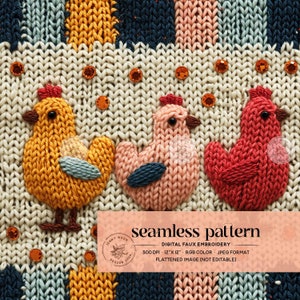 Knitted Spring Chickens Seamless Pattern, Vintage Easter Chickens Faux Embroidery Seamless File, Cute Farmhouse Chicks Digital Paper