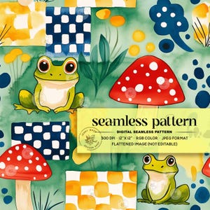 Peut inclure: Un motif sans couture représentant des grenouilles vertes, des champignons rouges et blancs et des carrés à carreaux jaunes et bleus sur un fond vert. Le texte "seamless pattern" est écrit en blanc sur une bannière jaune.