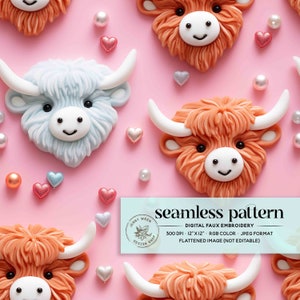 May include: A seamless pattern featuring cartoon-style Highland cow faces in orange and light blue, with white horns and smiling faces, scattered on a pink background. Decorative hearts and pearls complete the design. The text "seamless pattern" is also included.