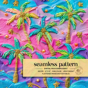 May include: A seamless digital pattern featuring colorful palm trees with gold glitter accents. The pattern is 12 inches by 12 inches and is in a JPEG format. The image is flattened and not editable.