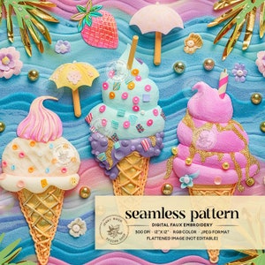 3D Tropische Eiscreme Musterdesign, Adrette Sommer Eiscreme Faux Stickerei Nahtlos, Pastell Eistüten, die Digitales Papier wiederholen