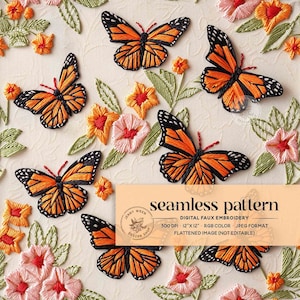 以下が含まれることがあります： オレンジと黒の刺繍された蝶が特徴のシームレスパターン。カラフルな花と緑の葉が散りばめられています。「seamless pattern」の文字が薄いオレンジ色のバナーに表示されています。 サイズ: 30.48 cm x 30.48 cm.