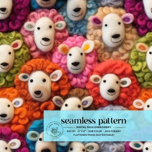 May include: A seamless pattern featuring a repeating design of colorful felt sheep heads. The sheep have white faces with black eyes and noses, and their wool is in various colors, including pink, orange, green, blue, and purple.