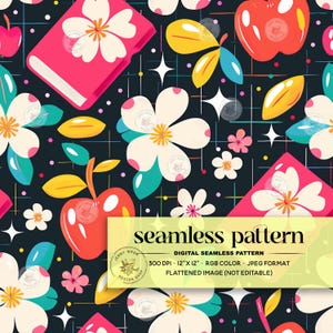 Retro Apples and Floral Books Seamless Pattern, Groovy Floral Back to School Digital Paper, Girly Teacher Repeating File for Sublimation