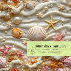 Pode incluir: Padrão de bordado digital sem costura com uma concha, uma estrela do mar e pérolas sobre um fundo bege. O padrão mede 30,5 cm por 30,5 cm e 300 DPI. A imagem é achatada e não é editável.