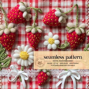 3D Erdbeer Daisy Muster, Sommer Gingham Karierte Erdbeeren Nahtlose Datei für Stoffdruck, Gänseblümchen Digitales Papier