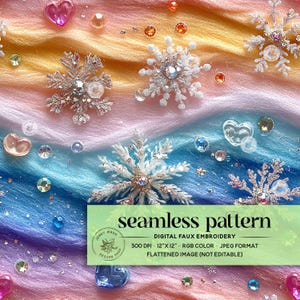Modèle sans couture pastel de flocons de neige arc-en-ciel, paillettes colorées de Noël neige fausse broderie sans couture, papier numérique 3D hiver neigeux scintillant