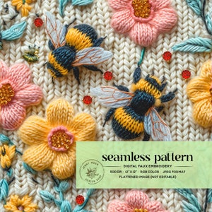 May include: A seamless pattern digital embroidery design featuring bees and flowers in a knitted fabric style. The design is 12 inches by 12 inches and 300 DPI. The colors are yellow, pink, green, and blue.