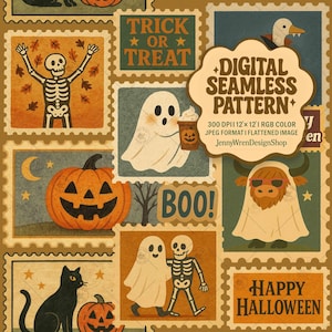 Trendy Retro Halloween Stamps Seamless Pattern, Cute Spooky Frames Repeating File, Cozy Ghost & Skeleton Digital Paper for Sublimation