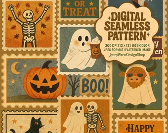 Retro Halloween Stamps Seamless Pattern: Spooky Ghosts & Skeletons Digital Paper (12x12 JPEG File)
