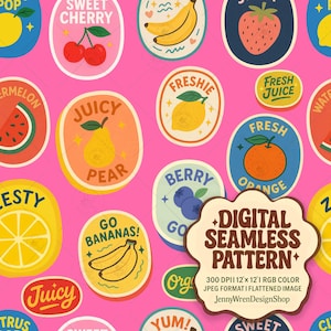 以下が含まれることがあります： ピンク色の背景に、さくらんぼ、バナナ、梨、オレンジなど、カラフルな果物のイラストが描かれたデジタルシームレスパターン。 「Juicy Pear」や「Go Bananas！」などのテキストが含まれています。