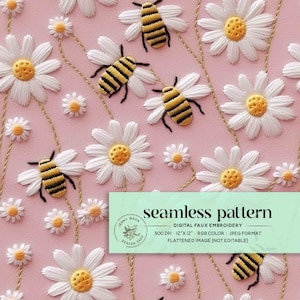 Floral Bees Faux Embroidery Seamless Pattern, Spring Daisy Bees Seamless File, 3D Pink Floral Honey Bee Digital Paper, Busy Bees Seamless