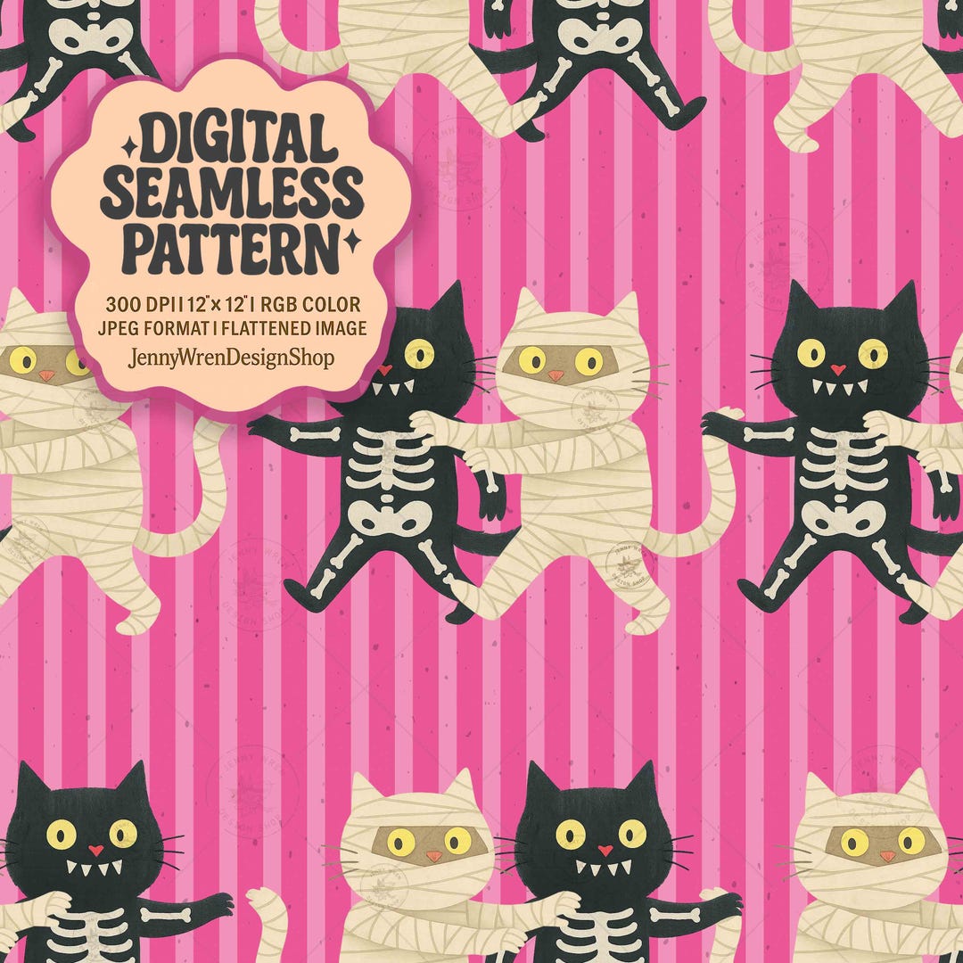 Halloween Black Cats Seamless Pattern: Spooky Mummy Kitty Digital Paper ...