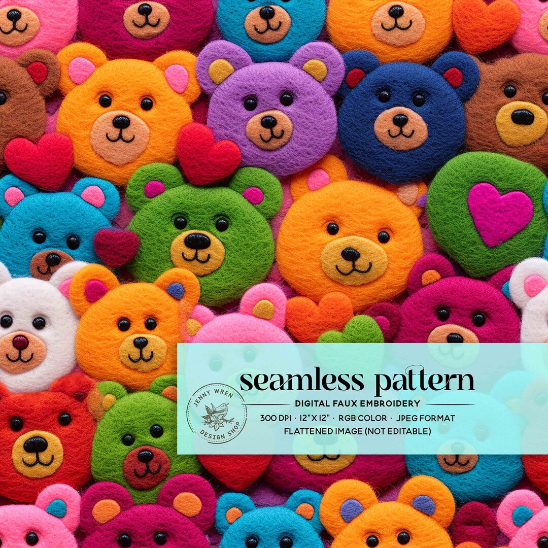 Valentine's Day Teddy Bear With Hearts Faux Embroidery Seamless File ...