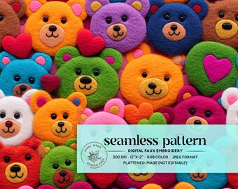 Valentine's Day Teddy Bear with Hearts Faux Embroidery Seamless File, Cute Teddy Bear Seamless Pattern, Cute Animals Repeat Pattern