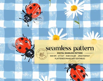 Ladybugs and Daisies Seamless Pattern: Blue Easter Gingham Floral Wallpaper (JPEG File for Sublimation)