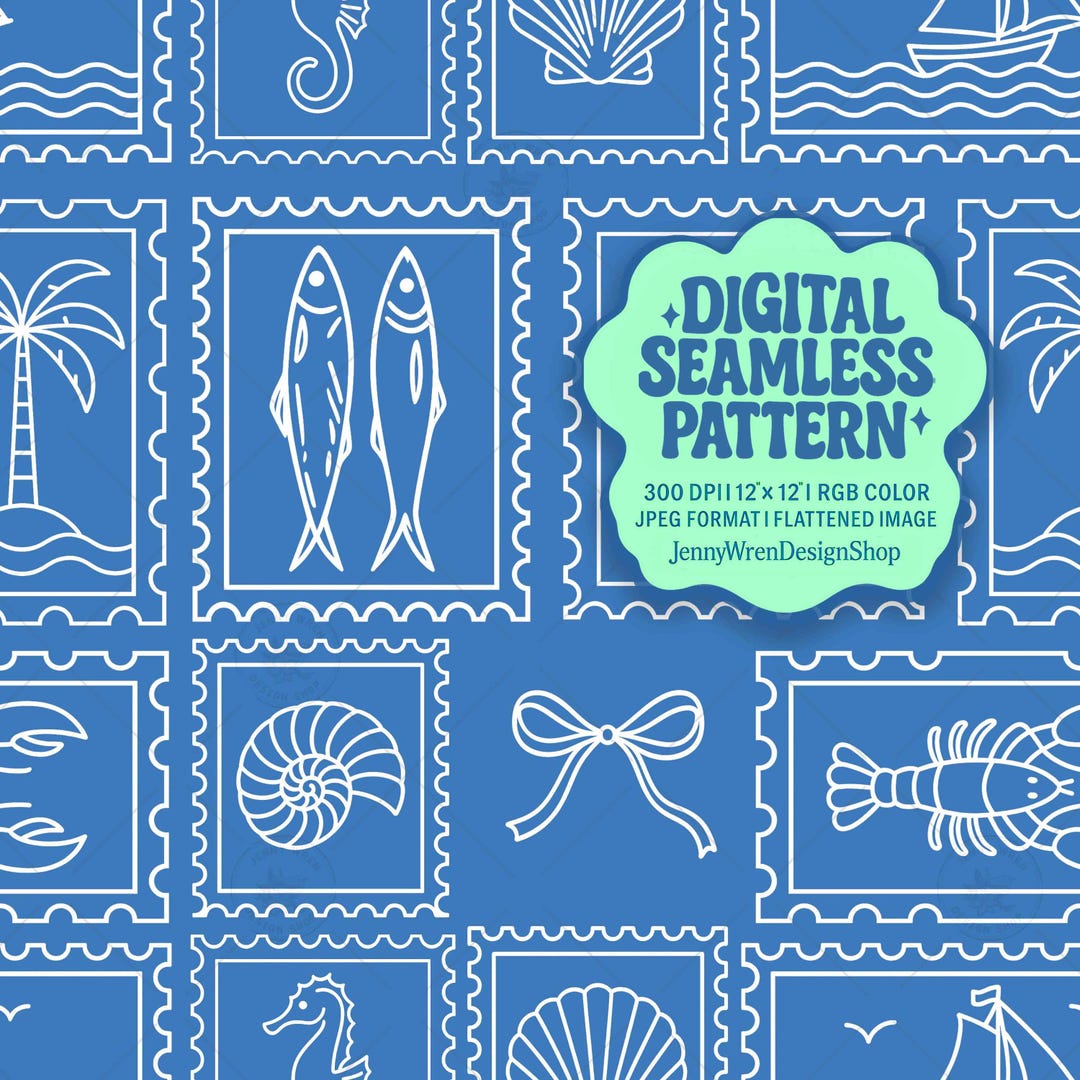 Blue Coastal Stamp Pattern: Sardines & Shells Nautical Digital Paper ...