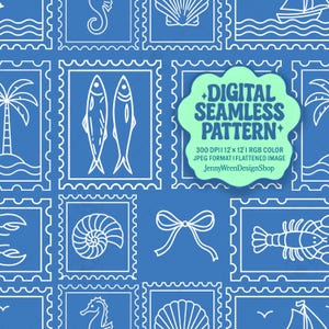 Op de afbeelding: Een digitaal naadloos patroon op een blauwe achtergrond, met witte lijntekeningen van nautische elementen zoals vissen, schelpen en een zeepaardje. Het ontwerp bevat de tekst "DIGITAL SEAMLESS PATTERN".