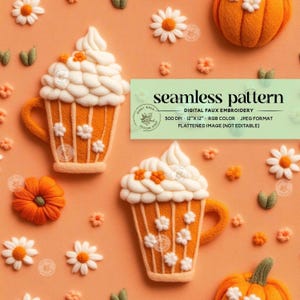 Uroczy wzór Pumpkin Spice Latte Seamless Pattern, Retro Fall Coffee Digital Paper, Boho Fall Pumpkins and Daisies Surface Design do nadruku na tkaninie