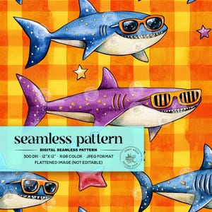 Neon Summer Sharks Seamless Pattern File, Cool Ocean Boys Checkered Digital Paper, Retro Beach Safe Swim Repeat File for Fabric Sublimation
