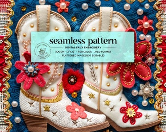 4th of July Cowgirl Boots Seamless Pattern, 3D Fourth Of July Western Faux Embroidery Seamless, Red Blue Floral Cowgirl Boots Digital Paper
