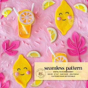 May include: A seamless pattern digital embroidery design featuring a yellow lemon with a smiling face, a glass of lemonade with a lemon slice, and pink leaves on a pink background. The design is 12 inches by 12 inches and 300 DPI.