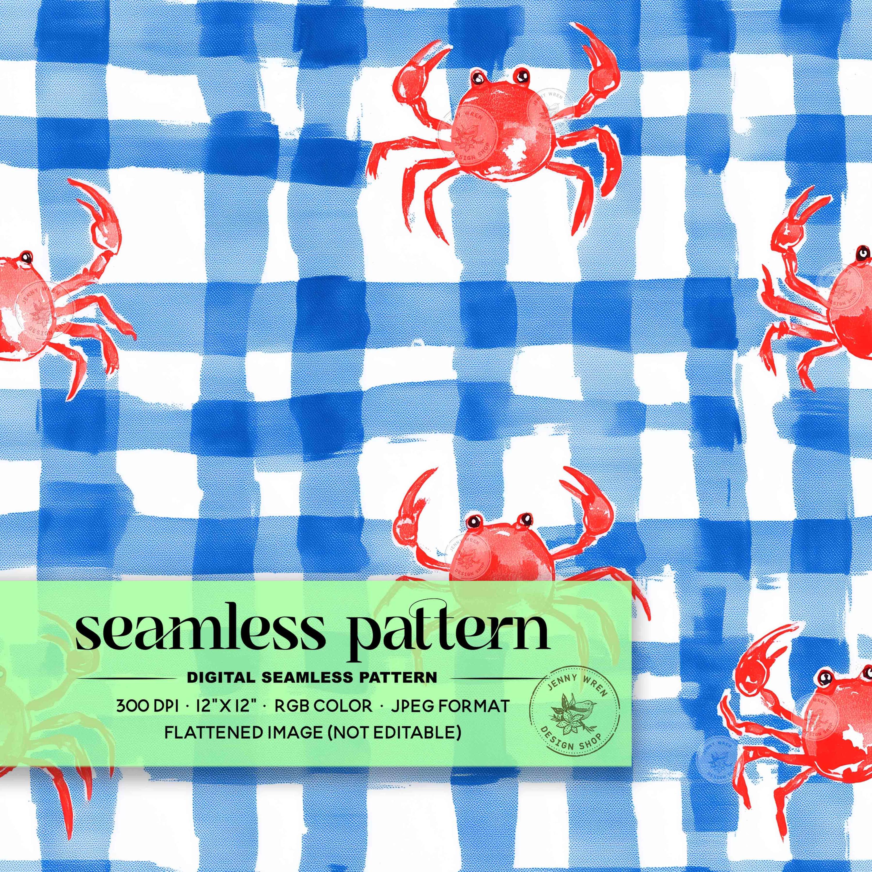 Red Crabs with Blue Gingham Seamless Pattern, Summer Beach Crabs Digital Paper, Safe Swim Summer Plaid Repeating File for Fabric Sublimation