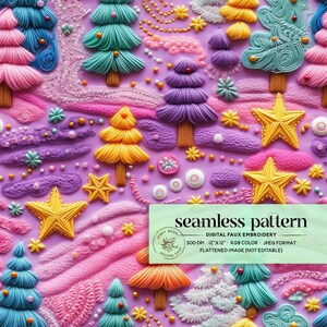 以下が含まれることがあります： 紫色の背景に、カラフルなクリスマスツリー、星、その他の華やかな要素が散りばめられた、幻想的な冬のワンダーランドのシーンが描かれたシームレスパターン。クラフトプロジェクト、デジタルスクラップブッキングなどに最適です。