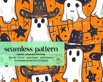 Halloween Cowboy Ghosts Seamless Pattern for Fabric Sublimation, Retro Western Halloween Digital Paper, Cute Spooky Boo Repeating File