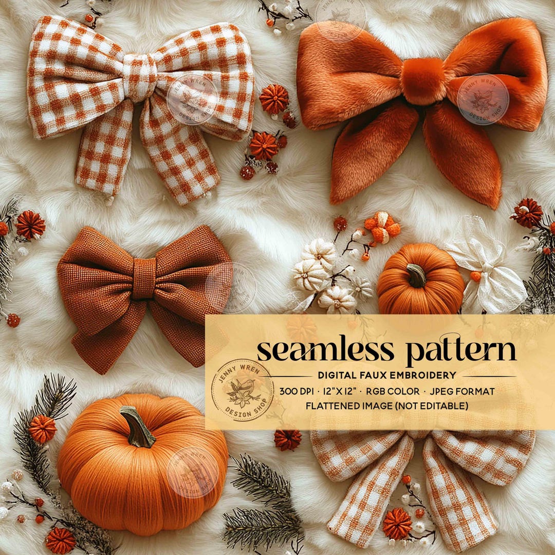Boho Fall Coquette Bows Seamless Pattern, Pumpkins and Bows Embroidery ...