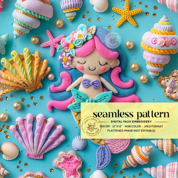 3D Pastel Mermaid Seamless Pattern, Cute Mermaid Digital Paper, Mermaid Princess Embroidery Seamless File For Fabric Printing