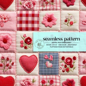 Op de afbeelding: Een naadloos patroon met een patchwork-ontwerp met verschillende geborduurde elementen, waaronder harten, bloemen en ruitjespatronen. Het patroon is in tinten roze, rood en wit en is gelabeld met "naadloos patroon" en "digitale nep-borduurwerk".