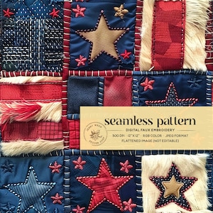 May include: A seamless digital pattern featuring a red, white and blue patchwork design with stars. The pattern is 12 inches by 12 inches and is 300 DPI. It is a JPEG file and is flattened, meaning it is not editable.
