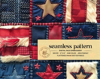 3D 4. Juli Patchwork Quilt Nahtloses Muster, Vaterländische Flagge Patchwork Quilt Digital Papier, sich wiederholende Datei für Stoffdruck