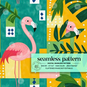 Retro Summer Flamingos Seamless Pattern, Bright Neon Tropical Palm Digital Paper, Trendy Beach Safe Swim Repeat File for Fabric Sublimation