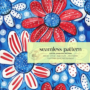 Red White and Blue Daisies Seamless Pattern, USA Patriotic Flowers Repeating File, 4th of July Floral Digital Paper for Fabric Sublimation