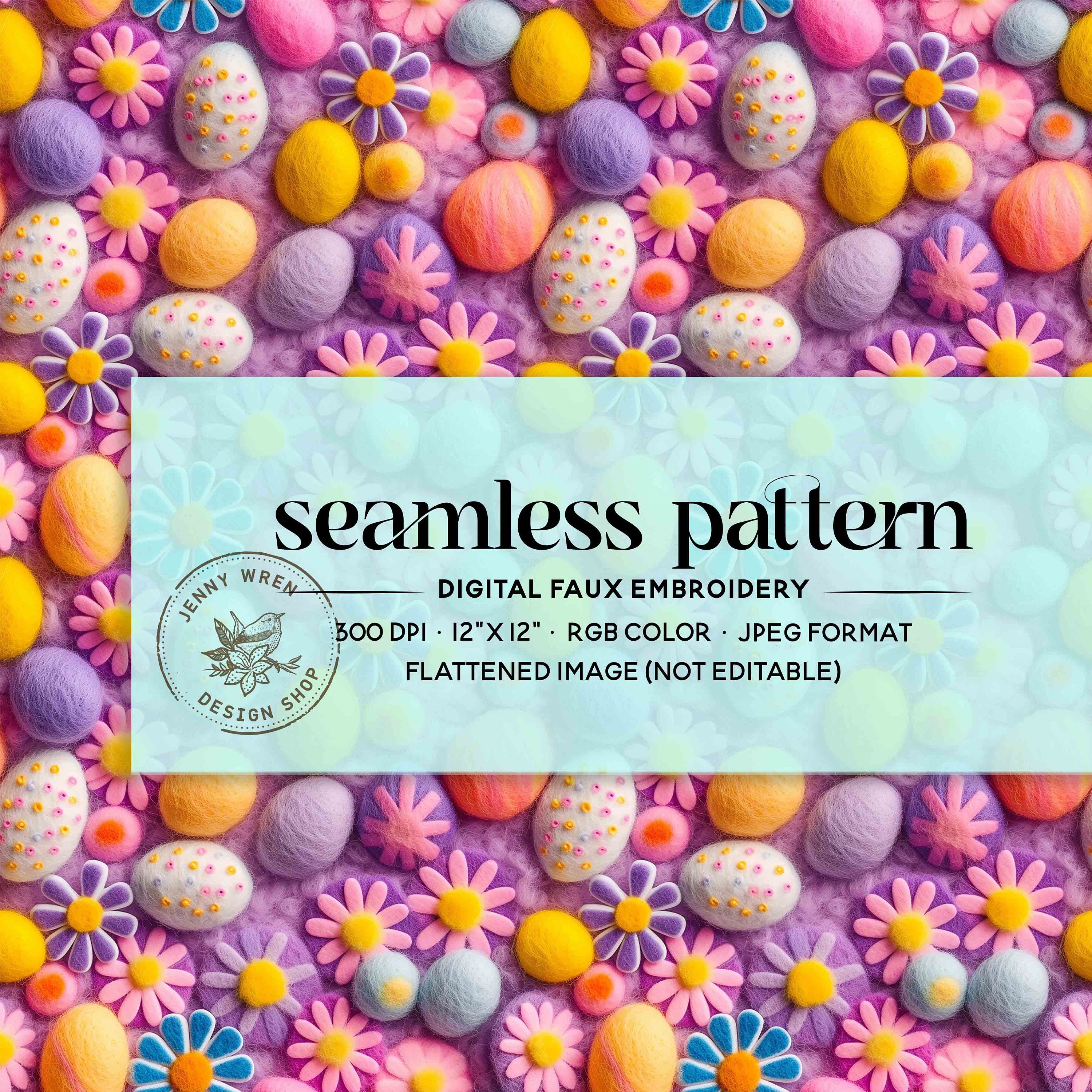 Pastel Floral Easter Egg Faux Embroidery Seamless File, 3D Easter Eggs