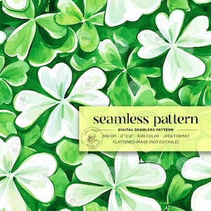 St Patrick&#39;s Day Shamrock Seamless Pattern, Green and White Four Leaf Clover Digital Paper, Lucky Shamrock Repeating File for Sublimation