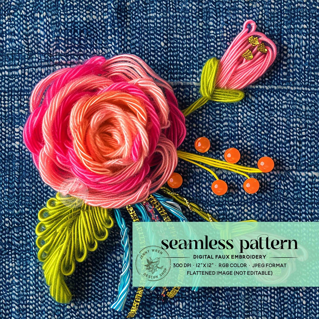 3D Neon Rose on Denim Seamless Pattern, Bright Floral Faux Embroidery ...