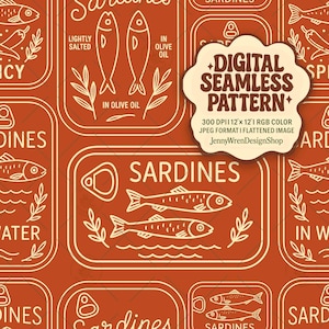 Vintage Rust Red Sardine Can Seamless Pattern, Mediterranean Tomato Fish Tin Digital Paper, Retro Coastal Kitchen Printable for Sublimation