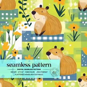 May include: A seamless pattern featuring a repeating design of brown groundhogs sitting on a blue and white checkered background with yellow flowers and green leaves. The pattern is 12 inches by 12 inches and 300 DPI.
