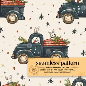 May include: A seamless pattern featuring a vintage green truck with two white bunnies on the back. The truck is filled with orange carrots and has a green pine branch on the front. The background is a light cream colour with red and black stars.