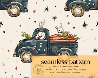 Vintage Easter Bunny Truck Seamless Pattern: Retro Carrot Truck Digital Paper (JPEG for Sublimation)